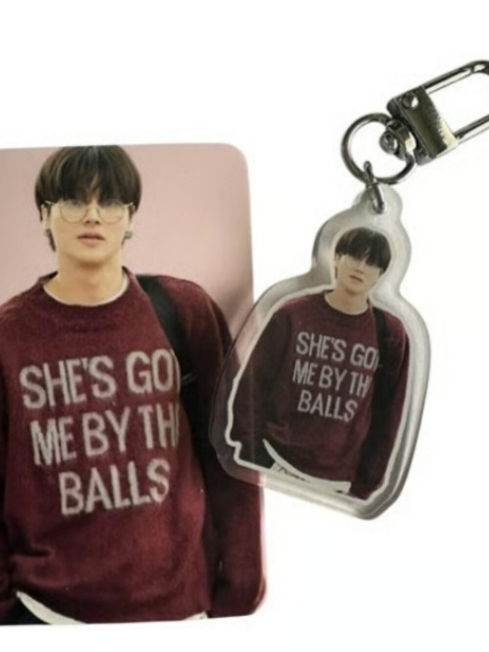 Wooyoung She’s Got Me By The Balls Funny Sweater Keychain Atiny Kpop Ateez Bias